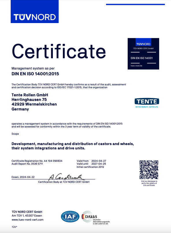 Certificate ISO 14001 - TENTE Rollen GmbH